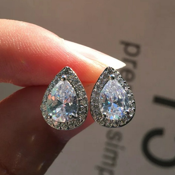 White Gold Pear Tear Drop Diamond Halo Earrings - Picture 4 of 9